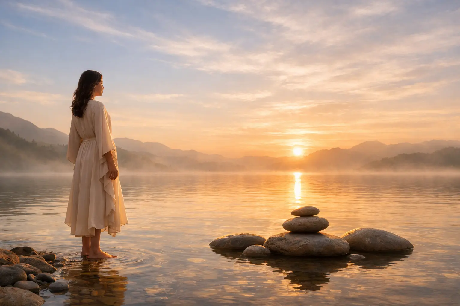 Mujer en lago al atardecer